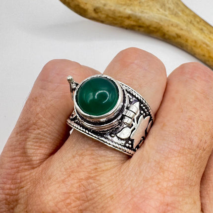 Vintage Silver Bronze Poison Ring | Retro Green Chrysoprase Statement Ring-Rings-TomWayne Jewelers