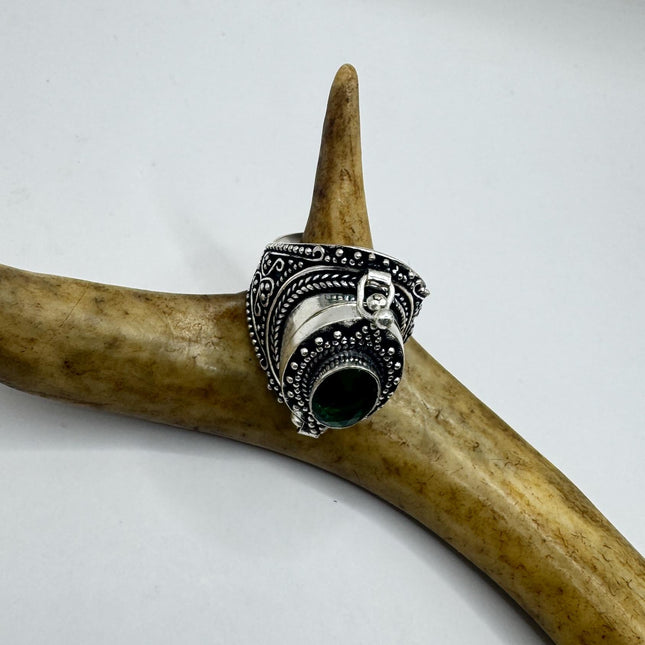 Vintage Silver Bronze Poison Ring | Retro Green Crystal Statement Ring-Rings-TomWayne Jewelers