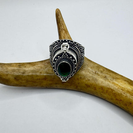 Vintage Silver Bronze Poison Ring | Retro Green Crystal Statement Ring-Rings-TomWayne Jewelers