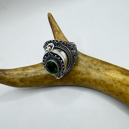 Vintage Silver Bronze Poison Ring | Retro Green Crystal Statement Ring-Rings-TomWayne Jewelers