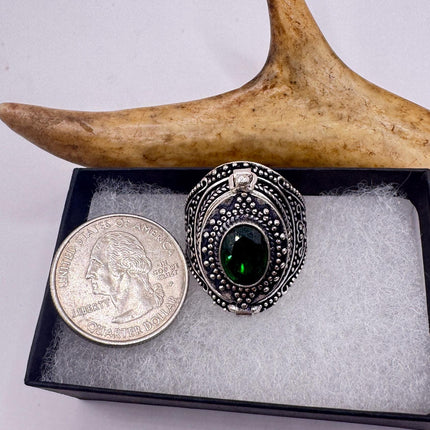 Vintage Silver Bronze Poison Ring | Retro Green Crystal Statement Ring-Rings-TomWayne Jewelers