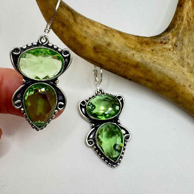 Vintage Green Glass Dangle Earrings Sterling Silver Leverbacks