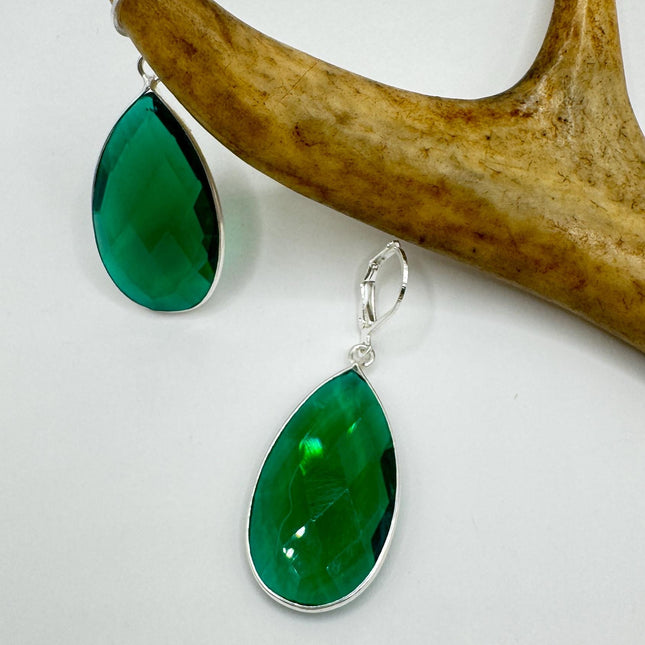Vintage Green Glass Dangle Earrings Sterling Silver Leverbacks