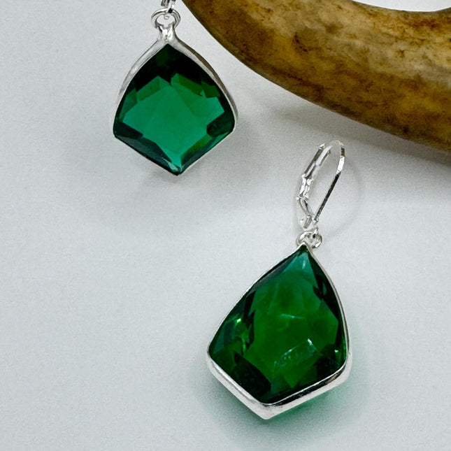 Vintage Green Glass Dangle Earrings Sterling Silver Leverbacks-Earrings-TomWayne Jewelers