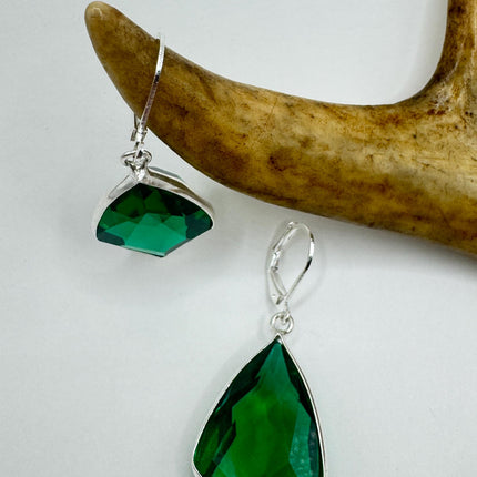Vintage Green Glass Dangle Earrings Sterling Silver Leverbacks-Earrings-TomWayne Jewelers