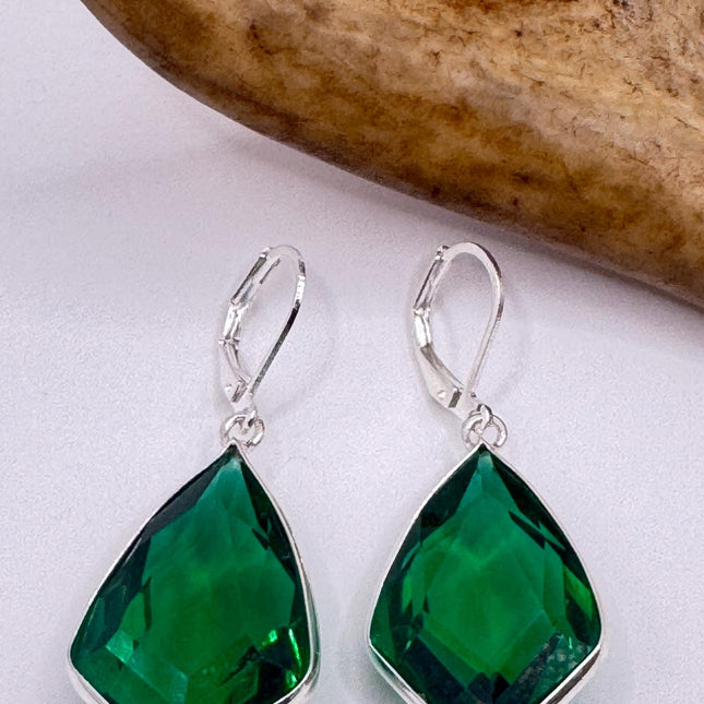 Vintage Green Glass Dangle Earrings Sterling Silver Leverbacks-Earrings-TomWayne Jewelers