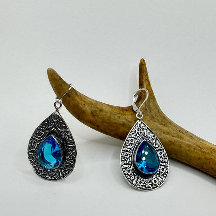 Vintage Aqua Glass Dangle Earrings Sterling Silver Leverbacks-Earrings-TomWayne Jewelers