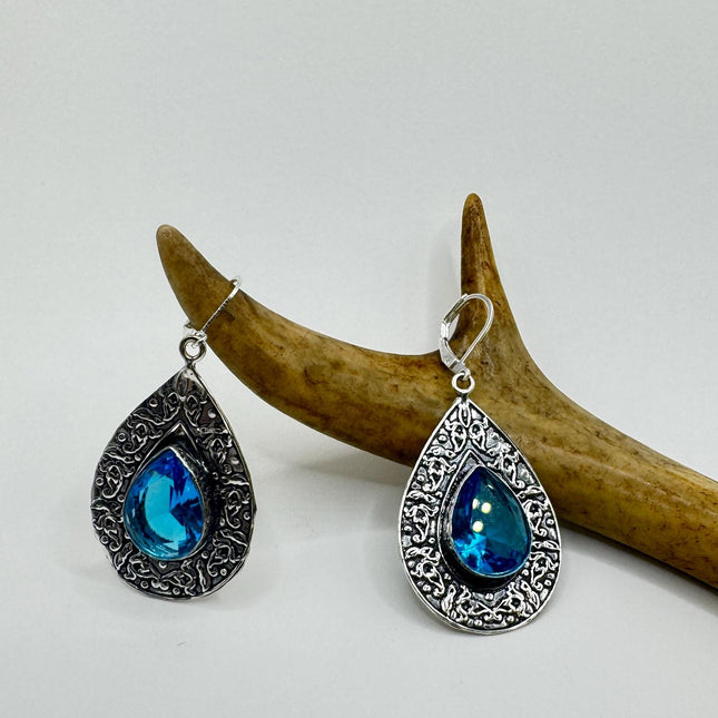 Vintage Aqua Glass Dangle Earrings Sterling Silver Leverbacks-Earrings-TomWayne Jewelers