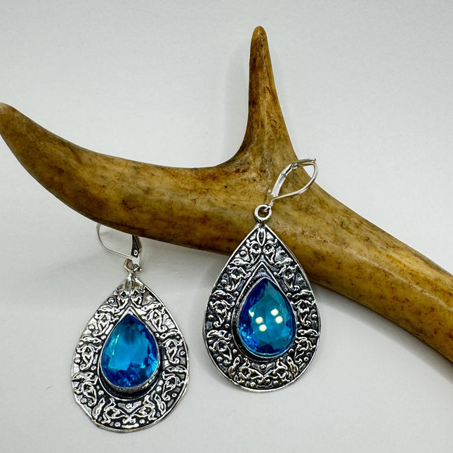 Vintage Aqua Glass Dangle Earrings Sterling Silver Leverbacks