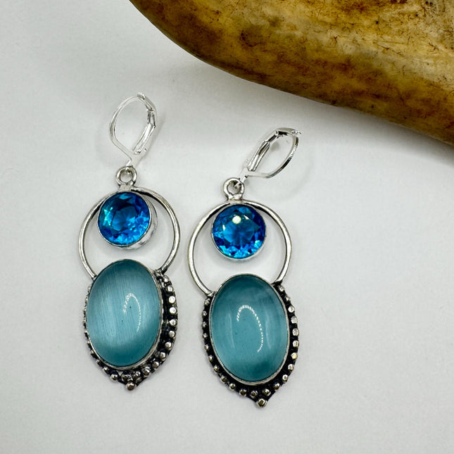 Vintage Aqua Glass Cats Eye Dangle Earrings Sterling Silver Leverbacks-Earrings-TomWayne Jewelers