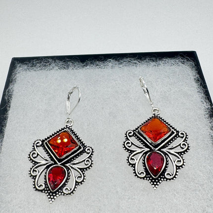 Vintage Red Ruby Glass Dangle Earrings Sterling Silver Design Statement Leverbacks-Earrings-TomWayne Jewelers