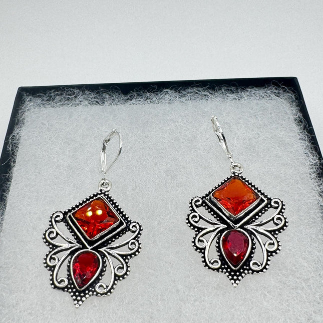 Vintage Red Ruby Glass Dangle Earrings Sterling Silver Design Statement Leverbacks-Earrings-TomWayne Jewelers