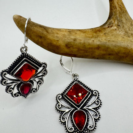Vintage Red Ruby Glass Dangle Earrings Sterling Silver Design Statement Leverbacks-Earrings-TomWayne Jewelers