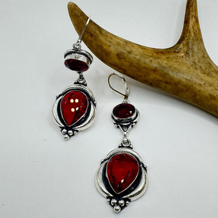Vintage Red Ruby Glass Dangle Earrings Sterling Silver Design Statement Leverbacks-Earrings-TomWayne Jewelers