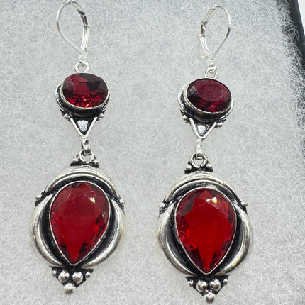 Vintage Red Ruby Glass Dangle Earrings Sterling Silver Design Statement Leverbacks-Earrings-TomWayne Jewelers