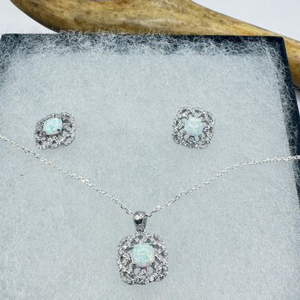 Vintage Blue Fire Opal Set 925 sterling Silver Necklace and Earrings-TomWayne Jewelers