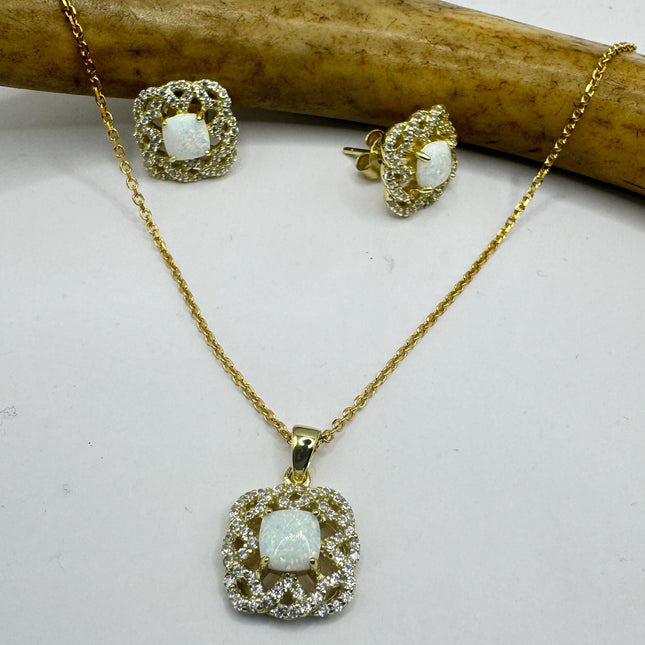 Vintage Blue Fire Opal Set Gold 925 sterling Silver Necklace and Earrings-TomWayne Jewelers
