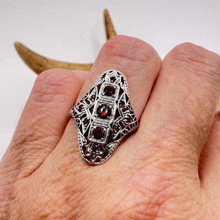 Vintage 925 Sterling Silver Red Garnet Ring: Boho Cocktail-Rings-TomWayne Jewelers