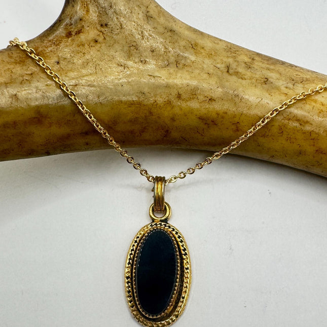 Vintage Black Onyx Gold Filled Necklace: Minimalist Crystal Charm-Necklaces-TomWayne Jewelers