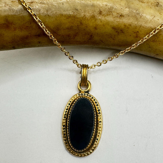 Vintage Black Onyx Gold Filled Necklace: Minimalist Crystal Charm-Necklaces-TomWayne Jewelers