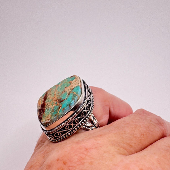 Vintage Green Turquoise Silver Bronze Ring: Statement Jewelry-Rings-TomWayne Jewelers