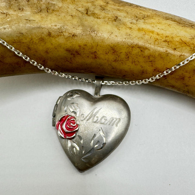 Vintage Etched Heart Photo Locket: 925 Sterling Silver Necklace-Lockets-TomWayne Jewelers