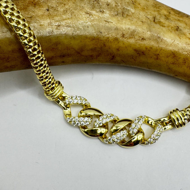 Gold Sterling Silver Bracelet: Vintage Mesh Clear Crystals