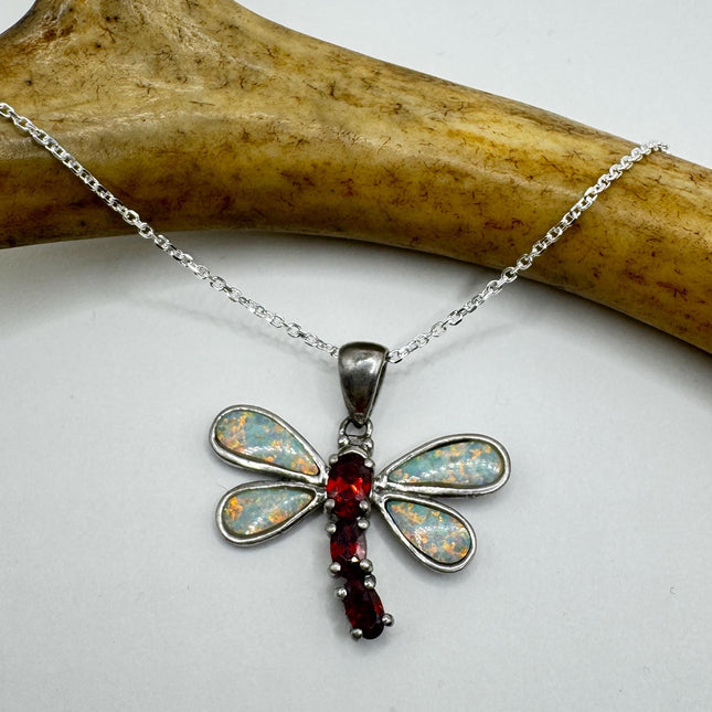 Vintage Blue Opal Garnet Dragonfly Necklace - 925 Sterling Silver Chain
