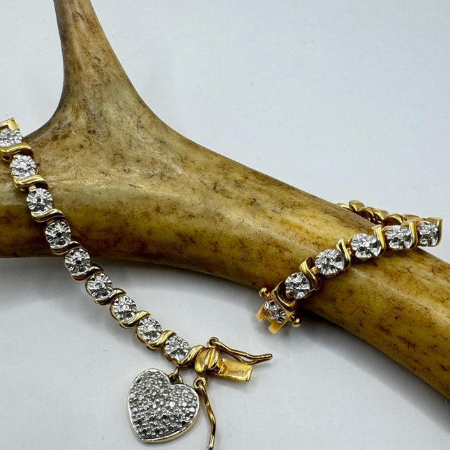 Vintage Diamond Chip Heart Bracelet Golden 925 Sterling Silver