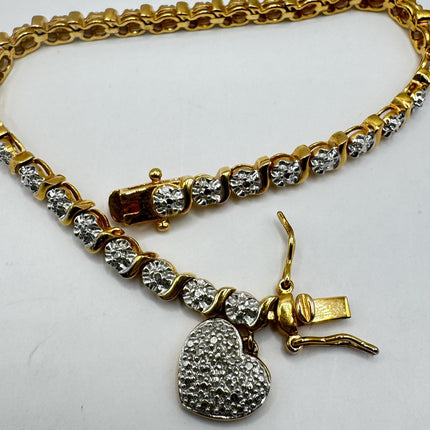 Vintage Diamond Chip Heart Bracelet Golden 925 Sterling Silver