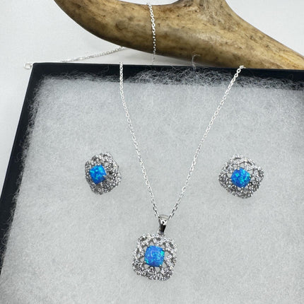 Vintage Blue Fire Opal Set | 925 Sterling Silver Necklace and Earrings | Elegant Jewelry Gift-TomWayne Jewelers