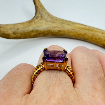 Vintage Purple Amethyst Ring Band Golden 925 Sterling Silver cocktail statement ring-Rings-TomWayne Jewelers