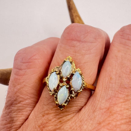 Vintage Opal Ring: White Fire Opal, Golden Sterling Silver Band-Rings-TomWayne Jewelers