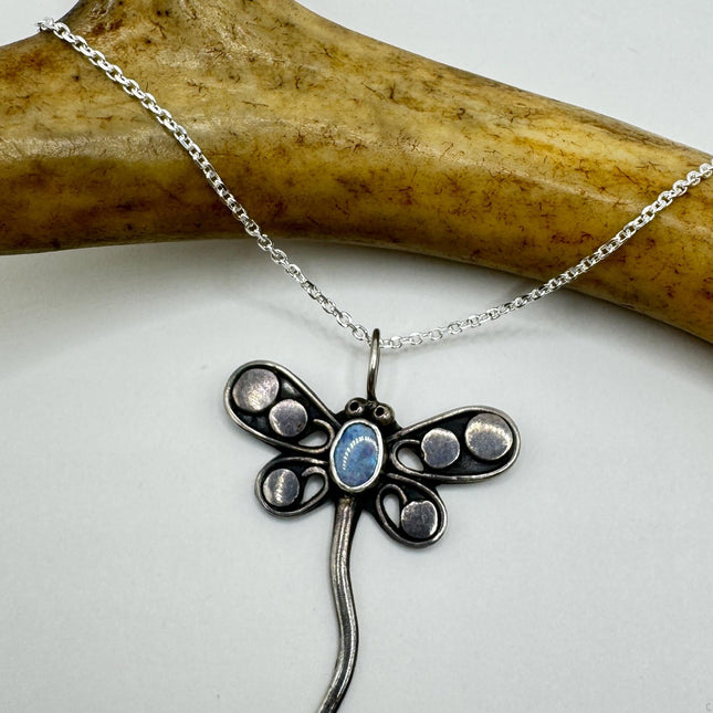Vintage Blue Opal Dragonfly Necklace - 925 Sterling Silver Chain