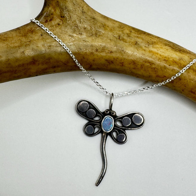 Vintage Blue Opal Dragonfly Necklace - 925 Sterling Silver Chain