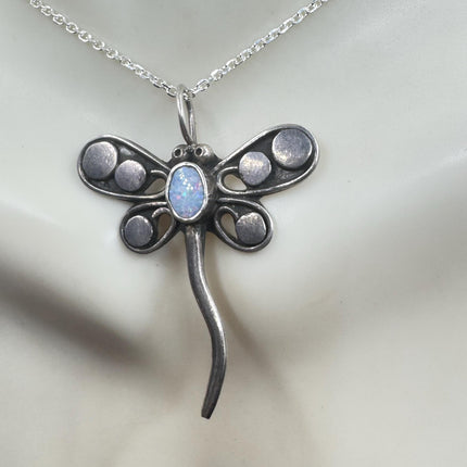 Vintage Blue Opal Dragonfly Necklace - 925 Sterling Silver Chain