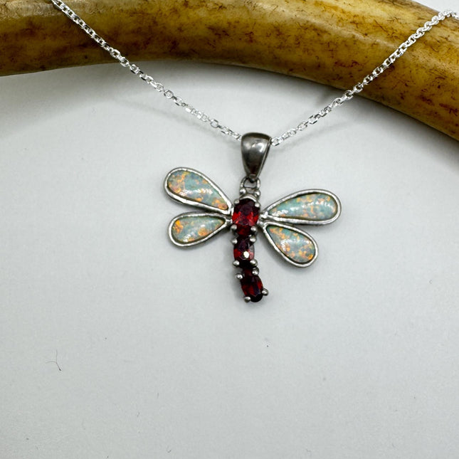 Vintage Blue Opal Garnet Dragonfly Necklace - 925 Sterling Silver Chain
