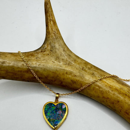 Vintage Blue Fire Opal Heart Necklace: Delicate Gold Filled Chain