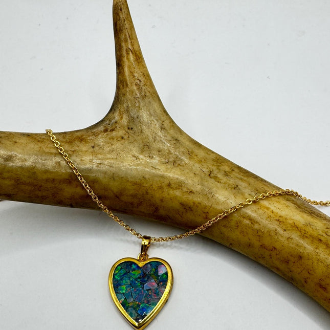 Vintage Blue Fire Opal Heart Necklace: Delicate Gold Filled Chain