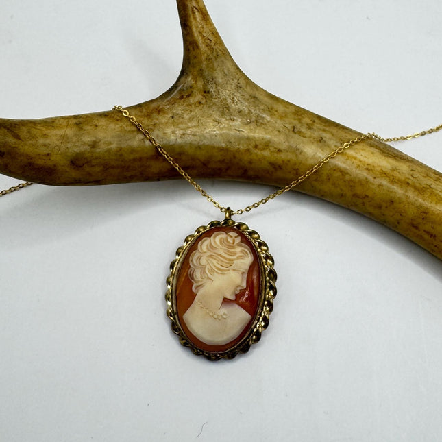 Vintage Cameo Pendant Necklace Pin Gold Filled Chain