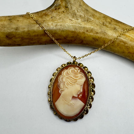 Vintage Cameo Pendant Necklace Pin Gold Filled Chain