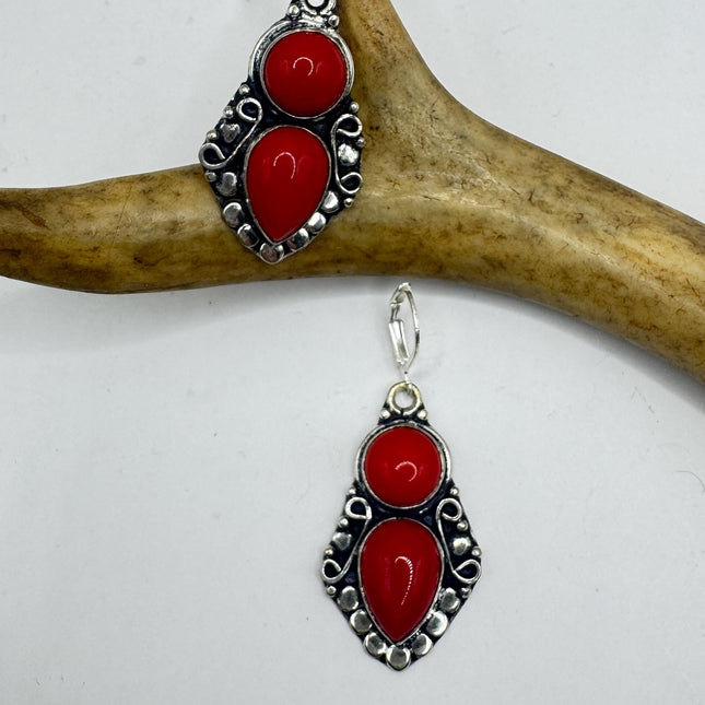Vintage Red Coral Glass Silver Earrings | 925 sterling Silver Lever Backs
