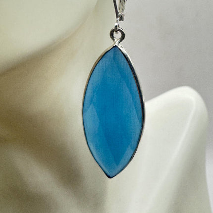 Vintage Aqua Blue Cats Eye Glass Silver Earrings | 925 sterling Silver Lever Backs