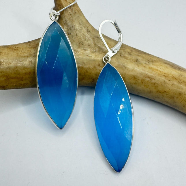 Vintage Aqua Blue Cats Eye Glass Silver Earrings | 925 sterling Silver Lever Backs