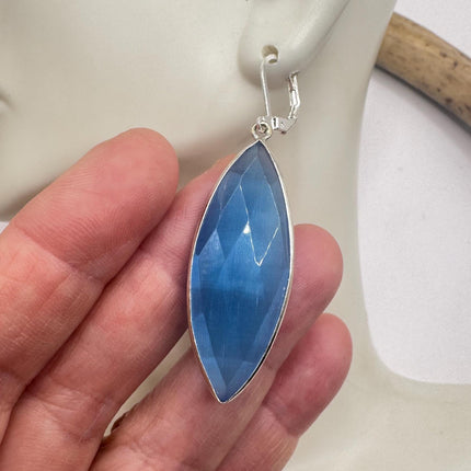 Vintage Aqua Blue Cats Eye Glass Silver Earrings | 925 sterling Silver Lever Backs
