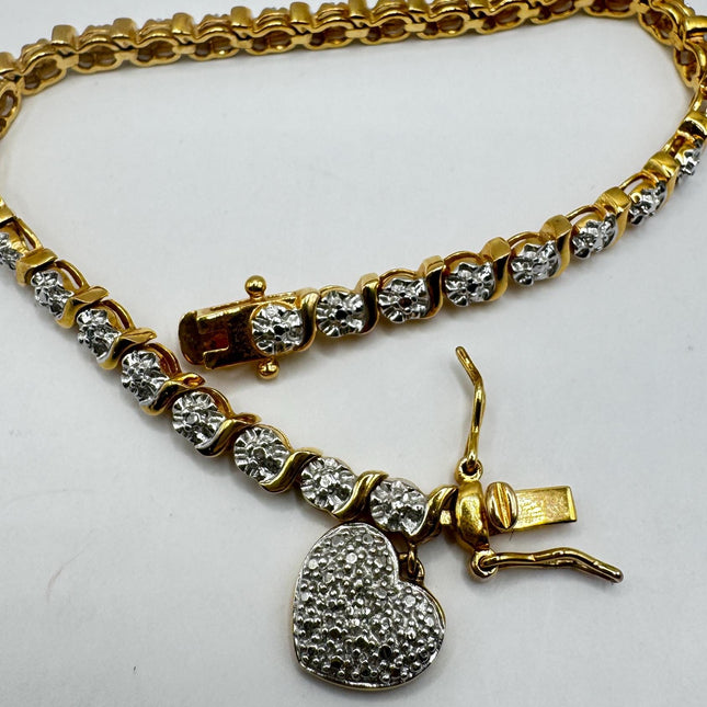 Vintage Diamond Chip Heart Bracelet Golden 925 Sterling Silver