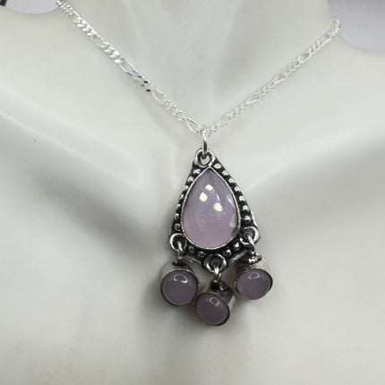 Vintage Pink Rose Quartz Boho Silver Necklace