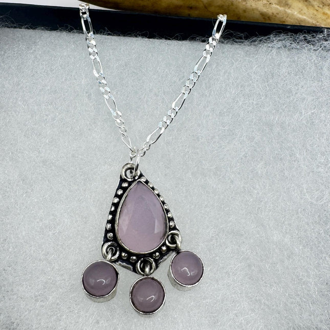 Vintage Pink Rose Quartz Boho Silver Necklace