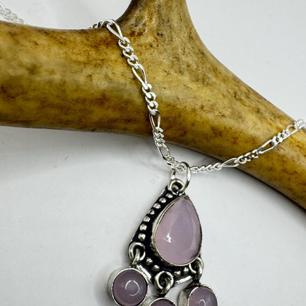 Vintage Pink Rose Quartz Boho Silver Necklace