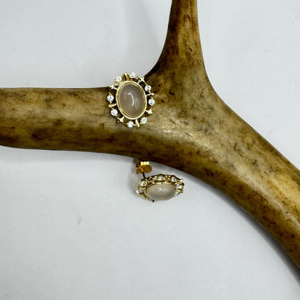 Vintage Deco White Moonstone Gold Sterling Silver Stud Earrings